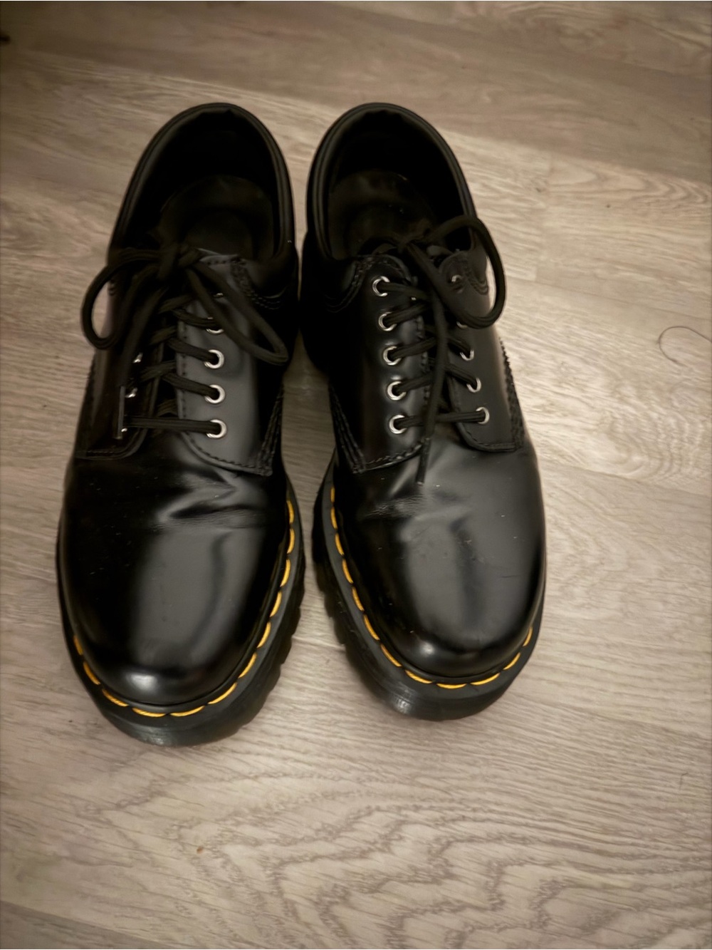 Dr. Martens Black Leather Lace-Up Oxfords with Yellow Welt Stitch